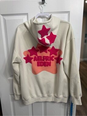 AELFRIC EDEN Vintage Embroidered Star Pullover Hoodie W/Pockets Cream Size L